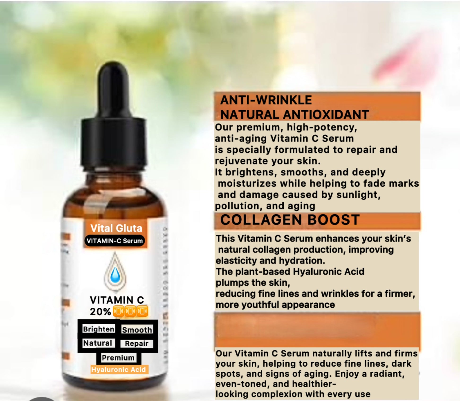 Vitamin C serum bottle with dropper and product description text on a blurred background