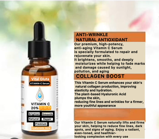Vitamin C serum bottle with dropper and product description text on a blurred background