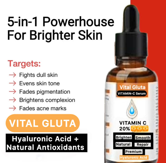 Vital Gluta Vitamin-C Serum bottle with product features on a white and red background